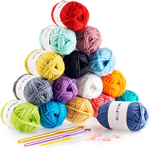 CRAFTISS Häkelset 16 x 20 g Acrylgarn-Knäuel mit 2 Haken, 2 Webnadeln und 4 Maschenmachern – 700 Meter weiches Garn zum Häkeln und Stricken, Bastelprojekt, sortiertes Startergarn, Großpackung von CRAFTISS
