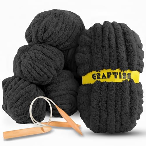 Grobes Chenille-Garn zum Häkeln, 8 Jumbo-Knäuel (je 27 m, 227 g), dickes Häkelstricktuch, grobes Garn zum Handstricken mit riesigen Haken und Nadeln (Mitternachtsschwarz, 8 Rollen) von CRAFTISS