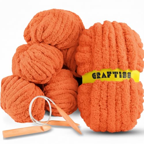 Grobes Chenille-Garn zum Häkeln, 8 Jumbo-Knäuel (je 27 m, 227 g), dickes Häkelstricktuch, grobes Garn zum Handstricken mit riesigen Haken und Nadeln (Spicy Orange, 8 Rollen) von CRAFTISS