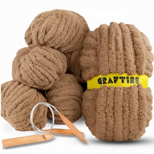 Grobes Chenille-Garn zum Häkeln, 8 Jumbo-Knäuel (je 27 m, 227 g), dickes Häkelstricktuch, grobes Garn zum Handstricken mit riesigen Haken und Nadeln (Toffee Beige, 8 Rollen) von CRAFTISS