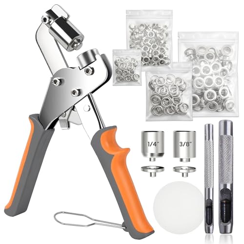 CRAFTMEMORE Grommet Tool Kit mit 200 silbernen Tüllen, 3/8 und 1/4 Zoll Doppelkopfzange, für Planen, Stoffringe, Leder, Zelte, Vinyl, Leinwand von CRAFTMEMORE