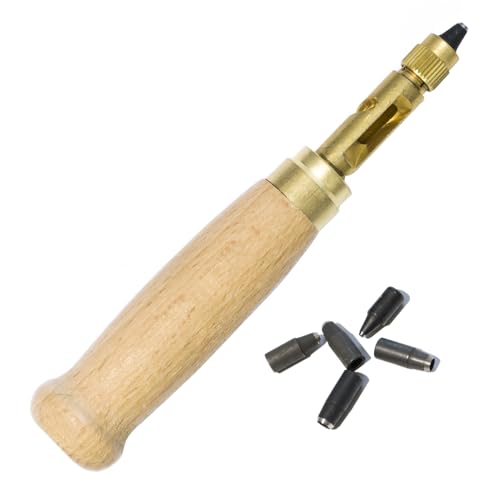 CRAFTPOINT Automatischer Leder-Locher mit 6 Aufsätzen – 1–4 mm Lochstanzer mit Holzgriff, Verstellbare Spannung, Schraub-Locher für Leder, Gürtel, Papier, PVC, DIY und Basteln von CRAFTPOINT