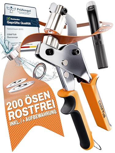 CRAFTUS® Profi Ösenzange Set mit 200 rostfreien Ösen (Ø 10mm) I Magnetische Ösenpresse aus gehärtetem Stahl für Stoffe & Planen I Ösenstanze für Planenösen & Metallösen von CRAFTUS