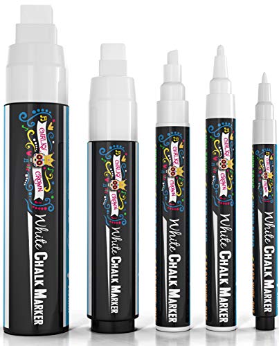 Chalky Crown - Kreidestifte für Tafel Abwaschbar - 5 Weiße Kreidemarker - Ungiftige Flüssigkreide-Marker für Fenster, Glas - 1, 3, 6, 10, 15 mm Spitzen Chalky Crown - Kreidestifte für Tafel Abwaschbar - 5 Weiße Kreidemarker - Ungiftige Flüssigkreide-Marker für Fenster, Glas - 1, 3, 6, 10, 15 mm Spitzen von Chalky Crown