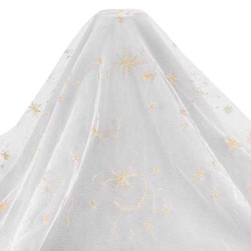 CRAFTYMELODY 1 Yard Weißer Spitzenstoff Wunderschöne Stern Und Mondstickerei Spitzennetzstoff Tüll 59 Zoll Breiter Polyester Gaze Bestickter Schleier von CRAFTYMELODY