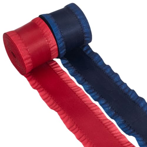 CRAFTYMELODY 10 Yards 1 5/8 Zoll Doppelt Gerüschtes Band Rot Blaues Polyester Stoffband Dekorativer Rüschenbesatz Zum Verpacken von Geschenken Hochzeitsblumensträußen von CRAFTYMELODY