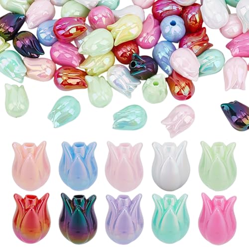 CRAFTYMELODY 100 Stück 8 Farben Acryl Tulpenperlen Bunt Schillernde Tulpenblumenperlen Tulpenform Undurchsichtige Lose Abstandsperlen Blumenperle von CRAFTYMELODY