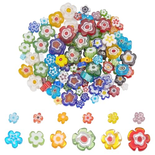CRAFTYMELODY 120 Stück 4 Stile n Handgefertigte Millefiori Glasperlen Kleine Bunte Flache Blümchen Lose Perlen Verschiedene Abstandsperlen Zur Schmuckherstellung von CRAFTYMELODY