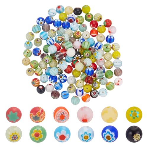 CRAFTYMELODY 120 Stück Handgefertigte Millefiori Glasperlen Rund 8mm Glatt Lose Verschiedene Perlen Blumenkugel Gemischte Farben Abstandsperlen von CRAFTYMELODY