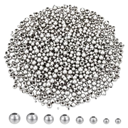 CRAFTYMELODY 1200 Stück 4 Stile 304 runde Abstandsperlen Aus Edelstahl Gesäumte Perlen 2/3/4/5mm Glatte Lose Metallperlen Zur Schmuckherstellung von CRAFTYMELODY