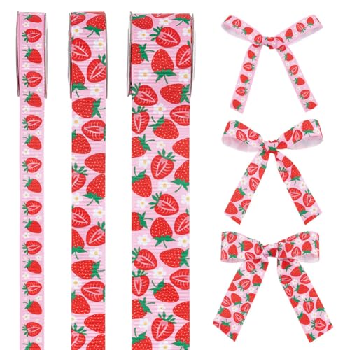 CRAFTYMELODY 15 Yards Erdbeer Ripsband 3 Stile Polyester Jacquardband Mit Früchten Bedruckte Verzierungen Borten Zum Verpacken von Geschenken von CRAFTYMELODY
