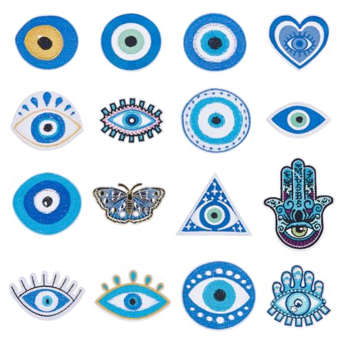 CRAFTYMELODY 16 Stück Evil Eye Bügelbild Blaues Auge Bestickte Aufnäher Hand Herz Augen Thema Dekorative Stoffapplikation von CRAFTYMELODY