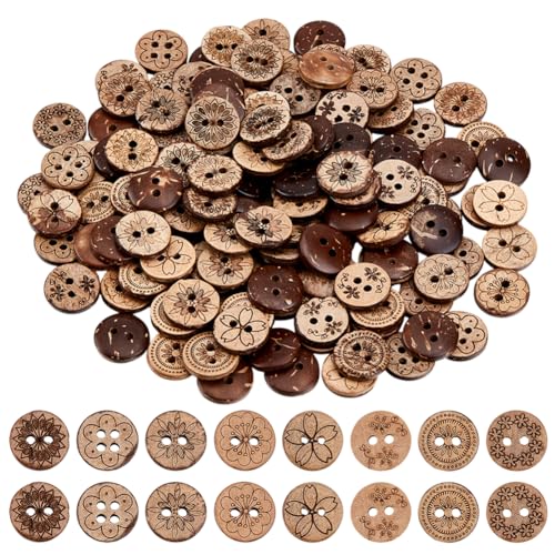 CRAFTYMELODY 160 Stück 8 Stile Tan Blumenknöpfe Natürliche Kokosnussschale Holzknopf Vintage Flache Runde Blumen Muschel Blumen Muster Knopf von CRAFTYMELODY