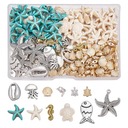CRAFTYMELODY 160 Stück Perlen Mit Ozean Motiv 12 Stile Seesterne Fische Delfine Muscheln Schildkröten Seepferdchen Abstandsperlen Charm Anhänger Zur Schmuckherstellung von CRAFTYMELODY