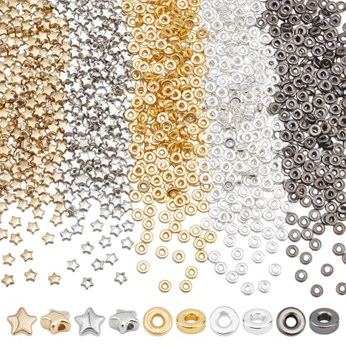 CRAFTYMELODY 1700 Stück Sortiertes Perlenset 6mm Flache Runde Abstandsperlen Aus Kunststoff Goldene Silberne Stern Rondell Lose Abstandsperlen Zur Schmuckherstellung von CRAFTYMELODY