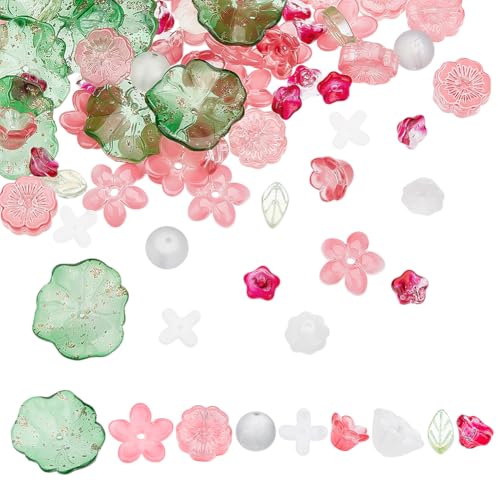 CRAFTYMELODY 180 Stück Blumenblattperlen 9 Stile Verschiedene Glasblumenperlen In Gemischten Formen Motiv Verschiedener Pflanzen Glas Abstandshalterperlen Zur Schmuckherstellung von CRAFTYMELODY
