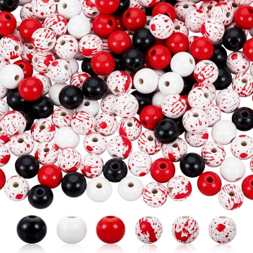 CRAFTYMELODY 180 Stück Halloween Holzperlen Halloween Thema Bedruckte Runde Perlen Mit 10 m Jutekordel Rot Schwarz Weiß Brennperlen von CRAFTYMELODY