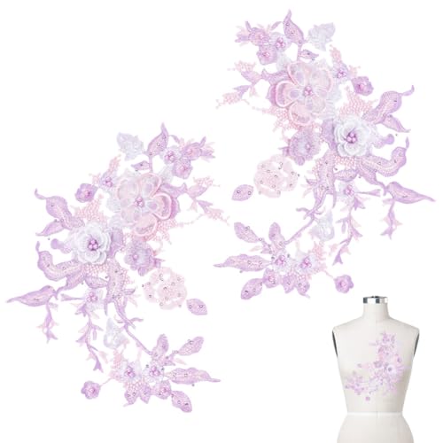 CRAFTYMELODY 2 STÜCK 3D Bestickte nstoff Spitzenapplikationen Mit Perlen Lavendelstoff Applikationen Zum Aufnähen von Patches Handgefertigtes Nähwerkzeug von CRAFTYMELODY