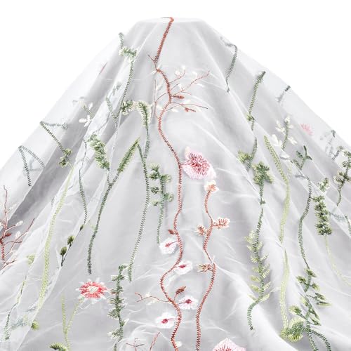 CRAFTYMELODY 2.74M Roter Spitzenstoff Wunderschöne Florale Stickerei Spitze Weißer Netzstoff Tüll 16.8CM Breit Polyester Gaze Bestickter Schleier von CRAFTYMELODY