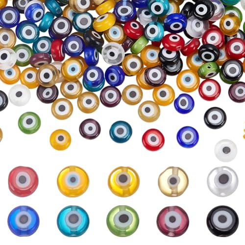 CRAFTYMELODY 200 Stück 10 Farbige Evil Eye Perlen 6mm Flach Rund Münzscheibe Abstandsperlen Glücksbringer Türkisches Griechisches Amulett Lose Perlen Anhänger Zur Schmuckherstellung von CRAFTYMELODY