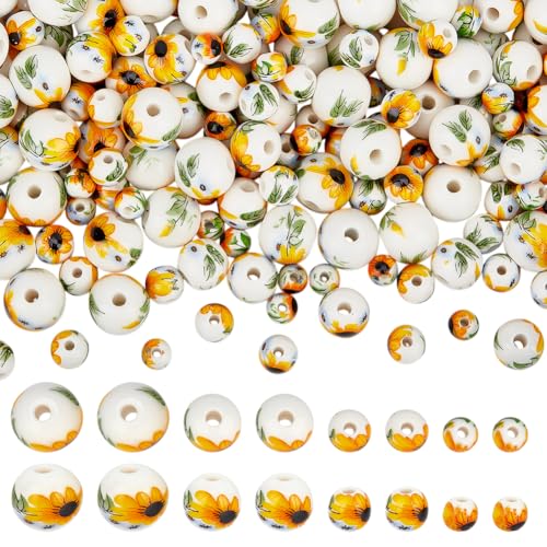 CRAFTYMELODY 200 Stück 4 Stil Porzellanperlen 6mm 8mm 10mm 12mm Runde Sonnenblumen Porzellanperlen Blumen Bedruckt Lose Spacer Sommerperle von CRAFTYMELODY