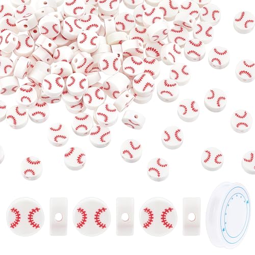 CRAFTYMELODY 200 Stück Baseball Perlen Aus Polymer Ton Sport Lose Abstandsperlen Weiß 9x4mm Mit 4.5 m Elastischer Schnur Für DIY Bastel Und Schmuckherstellungsset von CRAFTYMELODY