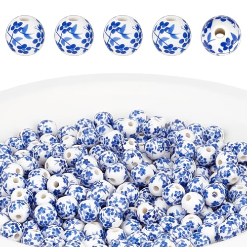 CRAFTYMELODY 200 Stück Porzellanperlen 8mm Runde Porzellanperlen Blaue Bedruckt Lose Spacer Perle Handgemachte Chinesische Spacer Perle von CRAFTYMELODY