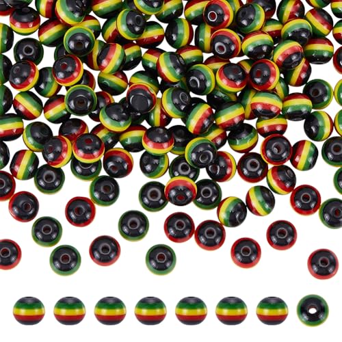 CRAFTYMELODY 200 Stück Rasta Jamaika Perlen 8x7mm Mehrfarbig Gestreifte Harz Rasta Perlen Runde Afrikanische Perle Lose Spacer Perle Bulk Für DIY Handwerk von CRAFTYMELODY