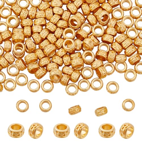 CRAFTYMELODY 200 Stück Tibetische Perlen Aus Legierung Europäische Rondelle Mit Großem Loch Goldfarbene Abstandsperlen 6x3.5mm Geschnitzte Säule Lose Perlen Zur Schmuckherstellung von CRAFTYMELODY