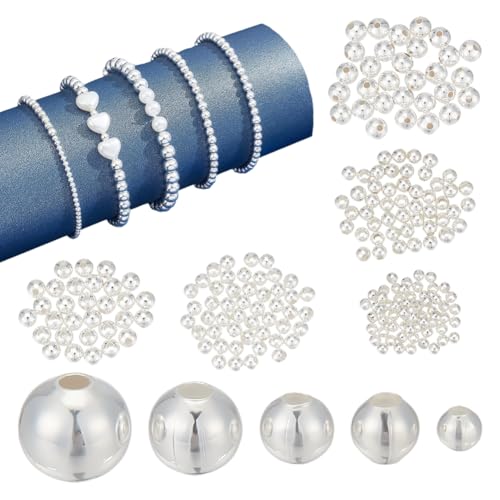 CRAFTYMELODY 220 Stück 5 Stile Messing Spacer Perlen Langlebig 925 Sterling Silber Vergoldet Runde Perle Nahtlose Kugel Lose Perlen Finden von CRAFTYMELODY