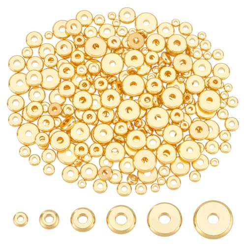 CRAFTYMELODY 240 Stück 6 Stile Flache Runde Spacer Perlen 3/4/5/6/7/8mm 18K Gold Messing Scheibe Lose Perlen Rondelle Silber Spacer Perlen Bulk von CRAFTYMELODY