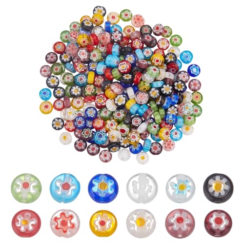CRAFTYMELODY 240 Stück Flache Runde Blumen Millefiori Lampwork Glasperlen 6mm Handgefertigte Abstandsperlen Gemischte Farben Lose Münzenperlen Zur Schmuckherstellung von CRAFTYMELODY