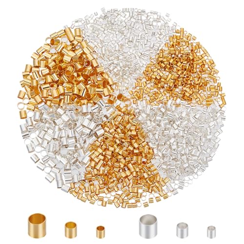 CRAFTYMELODY 2400 Stück Crimp Röhrchenperlen In 6 Stilen Goldene Und Silberne Crimp Perlen Aus Messing Rohrstopper Abstandshalter Zum Sichern Der Enden Crimp Röhrchen Zubehör von CRAFTYMELODY