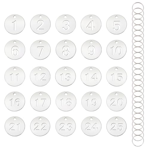 CRAFTYMELODY 25 Stück Nummerierte Schlüsselanhänger Edelstahl Flach Rund Fleischnummern Etiketten Nummer 1~25 Schlüssel ID Tag Mit Ringen Artikelkennung von CRAFTYMELODY