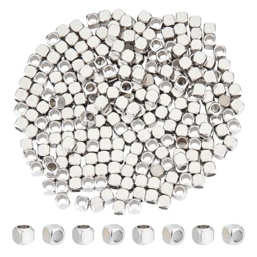 CRAFTYMELODY 250 Stück Edelstahl Würfelperlen 3mm Abstandsperlen Quadratische Metallperle Kleine Glatte Perlen Mit Großem Loch Perlenbefunde Zur Schmuckherstellung von CRAFTYMELODY