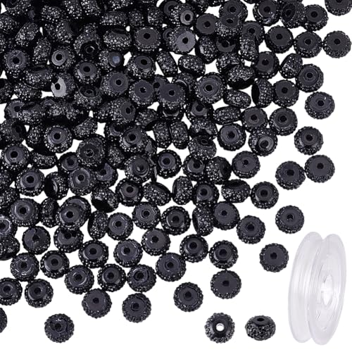 CRAFTYMELODY 250 Stück Strassperlen 8mm Abstandsperlen Aus Kunstharz Schwarze Rondelle Funkelnd Bulk Mit 10 Yards Elastischem Faden Für Die Schmuckherstellung DIY Bastelarbeiten von CRAFTYMELODY
