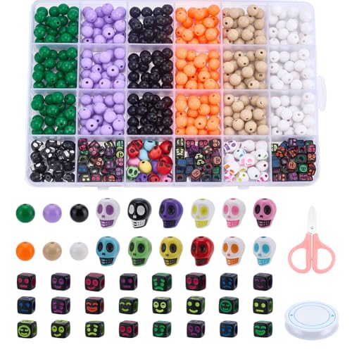 CRAFTYMELODY 255 Teiliges Armband Herstellungsset Acryl Halloween Perlen Zum Basteln von Runden Totenkopf Gesichtsperlen Mit Schere Elastischer Kordel Biegeringen Halloween Anhängern von CRAFTYMELODY