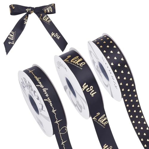 CRAFTYMELODY 3 Rolle Schwarzes Und Goldenes Band 3 Stile Polyesterband Liebesdruck Ripsbänder Jacquardbänder Verzierungen Borten von CRAFTYMELODY