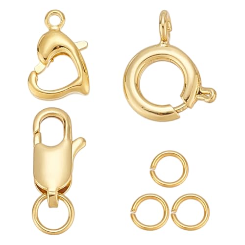 CRAFTYMELODY 30 Karabinerverschluss 3 Stile 18 Karat Vergoldete Messing Karabinerhaken Runde Herzform Karabinerverschlüsse Mit 30 Biegeringen Zur Schmuckherstellung von CRAFTYMELODY