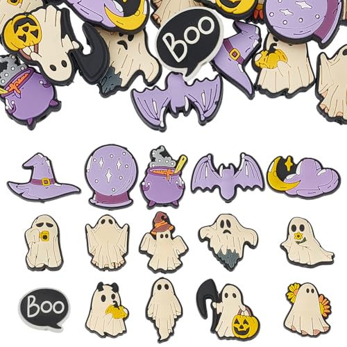 CRAFTYMELODY 30 Stück Halloween Perlen In 15 Stilen Verschiedene Lose PVC Halloween Perlen Geister Fledermaus Hexenhut Perlen Zubehör Kits Zur Schmuckherstellung von CRAFTYMELODY