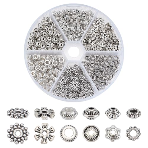 CRAFTYMELODY 300 Stück 6 Stile Antik Silber Abstandsperlen 6/7/7.5/8/9mm Tibetische Legierung Charms Perlen Metall Lose Perlen Bulk Flache Rondelle Spacer von CRAFTYMELODY