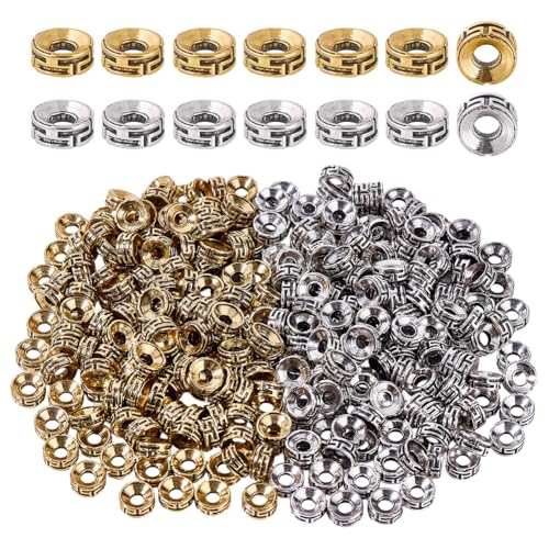 CRAFTYMELODY 300 Stück Tibetische Abstandsperlen Legierung Flache Runde Abstandsperlen 7.5x3mm Antik Silber Goldene Lose Perle Mit Großem Loch Zur Schmuckherstellung von CRAFTYMELODY