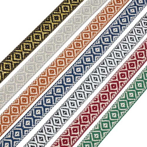 CRAFTYMELODY 35 Yards Jacquard Bandbesatz 7 Farben Ethnischer Stil Stickerei Polyesterbänder Rautenmuster 1 Zoll Breit Bekleidungszubehör von CRAFTYMELODY