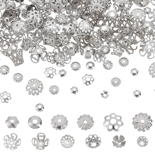 CRAFTYMELODY 360 Stück 12 Stile Eisenperlenkappen Set Klassischn Platin Abstandshalter Perlenkappen Sortimentskit Zubehör Für Die Schmuckherstellung von CRAFTYMELODY