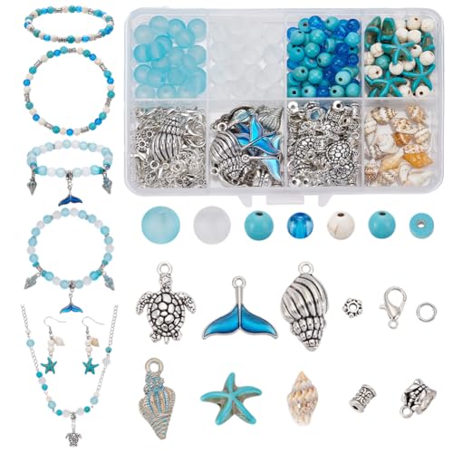 CRAFTYMELODY 375 Stück Schmuckherstellungs Sets Mit Ozean Motiven Seestern Muschelperlen Schildkröten Spiralmuschel Anhänger Für Halsketten Und Armbänder Im Sommer Strand Stil von CRAFTYMELODY