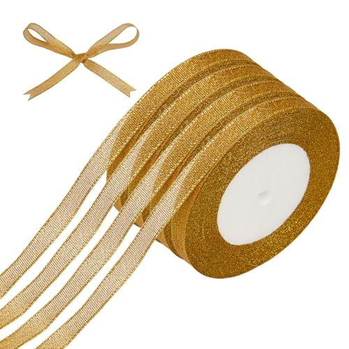 CRAFTYMELODY 4 Rolle 25 Yards Goldruten Glitzerband Metallisch Glitzernde Bänder Mit Drahtkante Funkelnde Polyester Bandgirlande Bänder Mit Schnittkante von CRAFTYMELODY