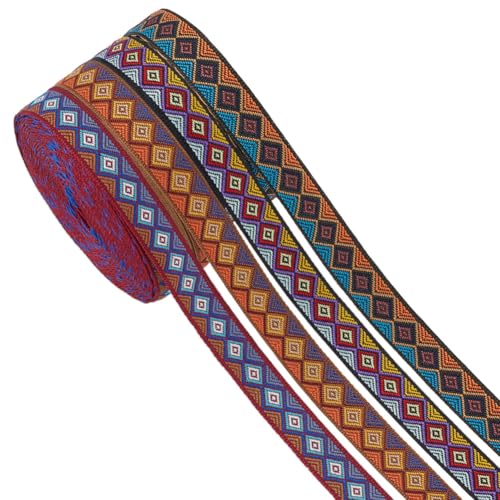 CRAFTYMELODY 4 Rolle Jacquard Bandbesatz 4 Farben Stickerei Im Ethnischen Stil Polyesterbänder Rautenmuster 1/2 Zoll Gewebte Kleidungsstückverzierungen von CRAFTYMELODY