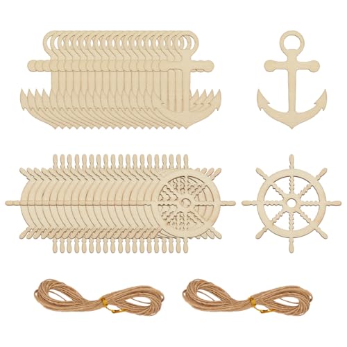 CRAFTYMELODY 40 Stück 2 Stile Unvollendete Nautische Holzausschnitte Holzanker Segelboot Radausschnitte Mit Seil Unvollendete Nautische Partydekoration von CRAFTYMELODY