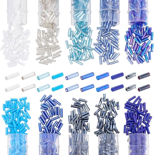 CRAFTYMELODY 40g 10 Farben Glasperlen Rundes Loch Lange Röhrenperlen Lose Abstandsperlen Blau Weiße Perlenmasse Zur Schmuckherstellung von CRAFTYMELODY
