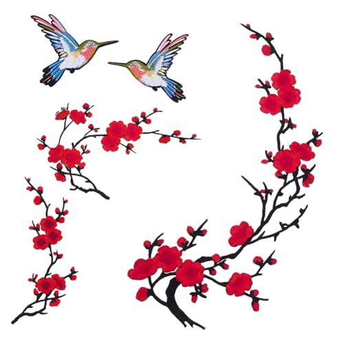 CRAFTYMELODY 5 Stück 4 Stile Rote Pflaumenblüte Und Kolibri Bestickte Aufnäher Polyester Stickstoff Zum Aufnähen Und Aufbügeln Vogel Aufnäher von CRAFTYMELODY